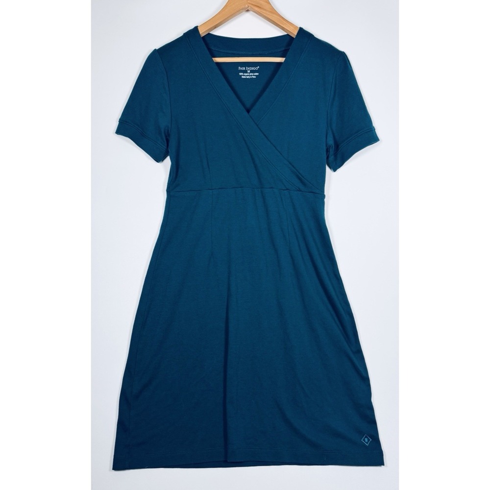 Fair Indigo A Line Dress Medium Teal Blue Organic Pima Cotton Faux Wrap V Neck